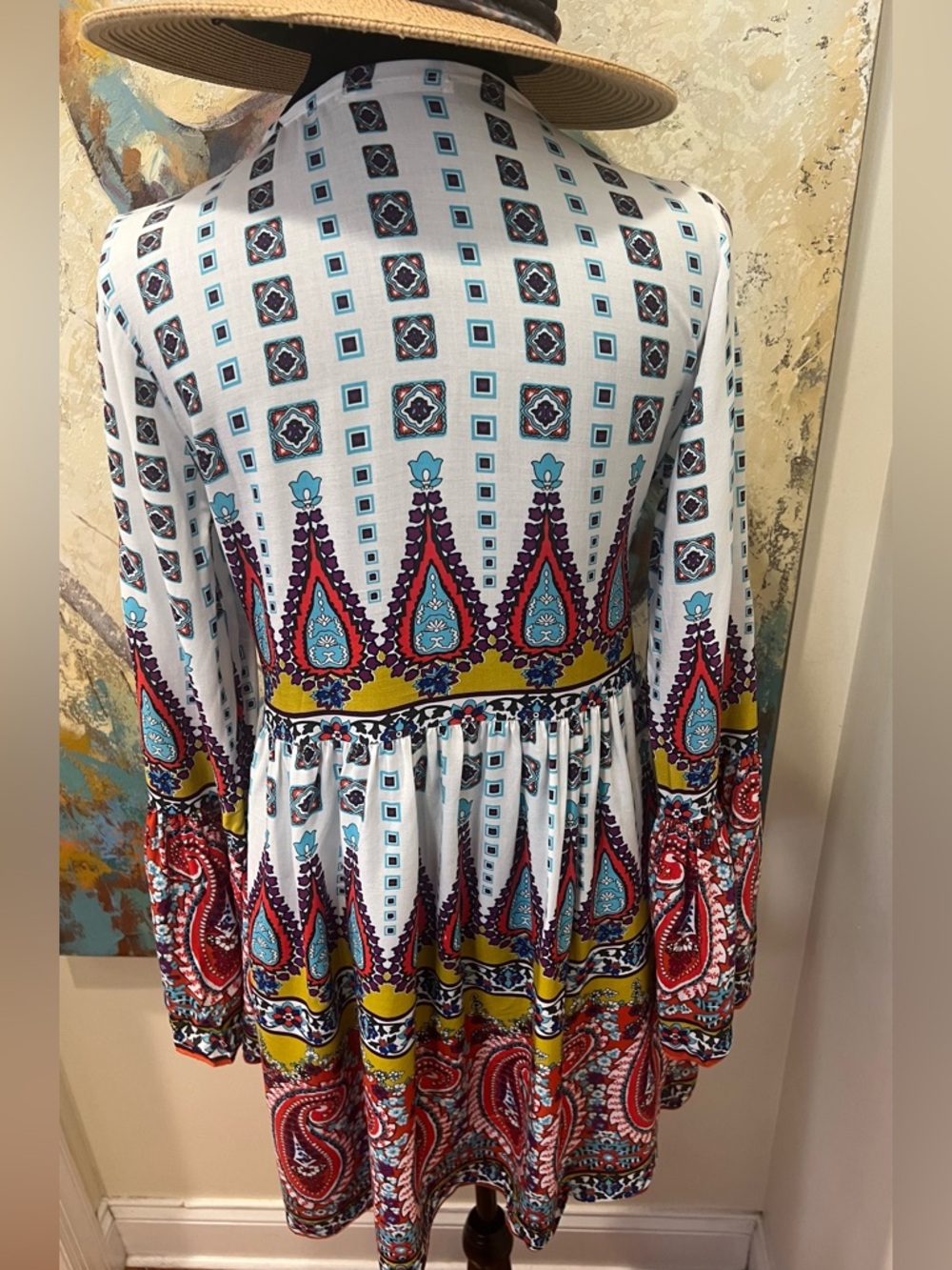 Boho Paisley Babydoll Dress Tunic Bell Sleeve Festival Mini Medium - Picture 5 of 14